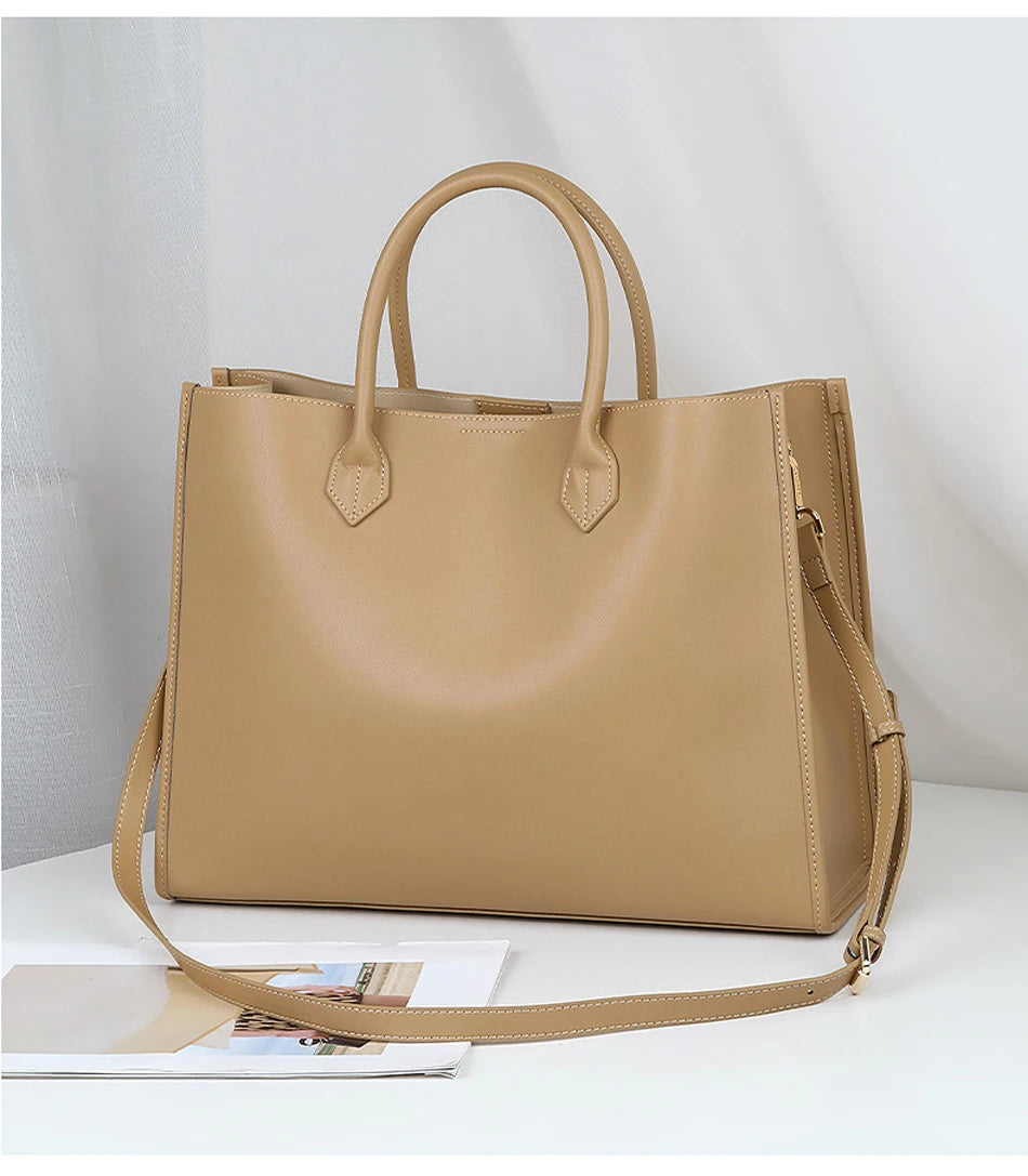 Luxury Cowhide Leather Tote Bag – Large Capacity Shoulder Bag with Laptop Compartment for Women