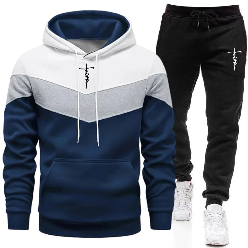 Men's Tricolor Hoodie & Sweatpants Tracksuit – Autumn Winter Casual Sport Set