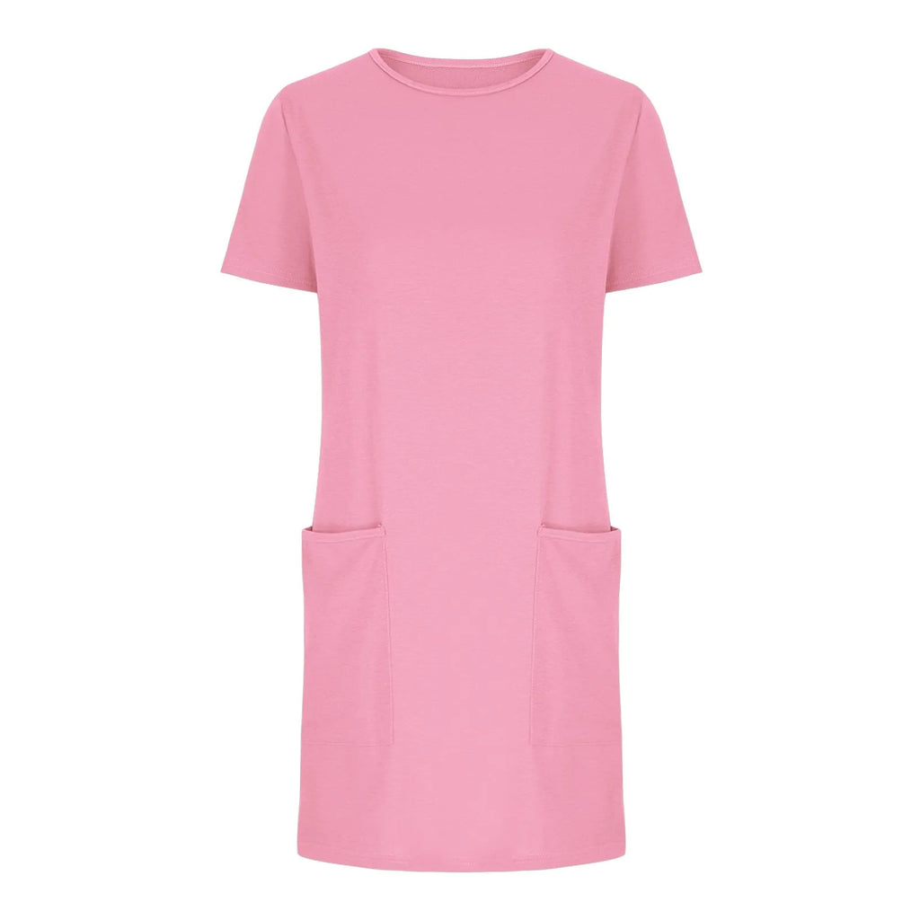 Solid Color Pocket Casual Sports Dress — Short Sleeve O-Neck A-Line Knee-Length Dress