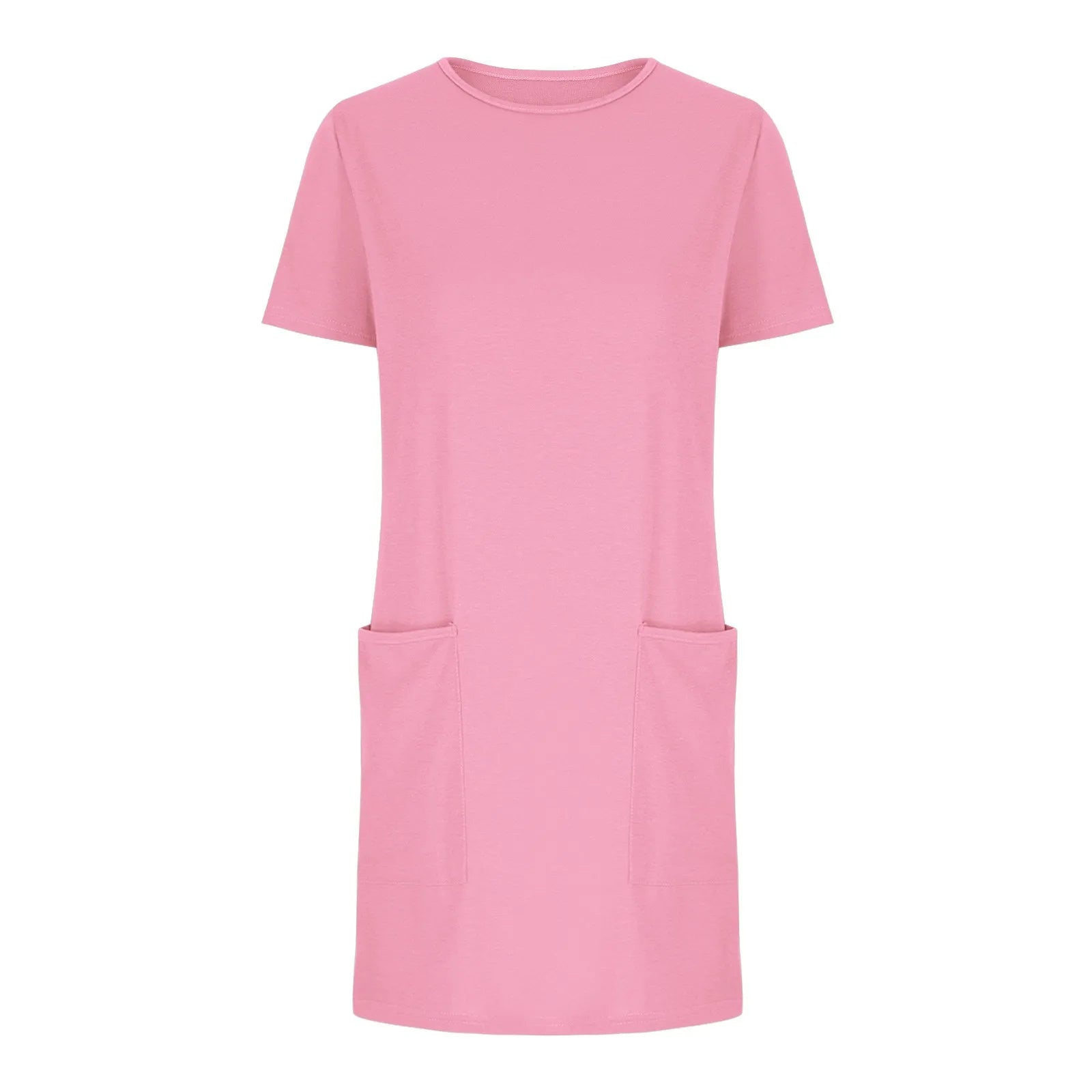 Solid Color Pocket Casual Sports Dress — Short Sleeve O-Neck A-Line Knee-Length Dress
