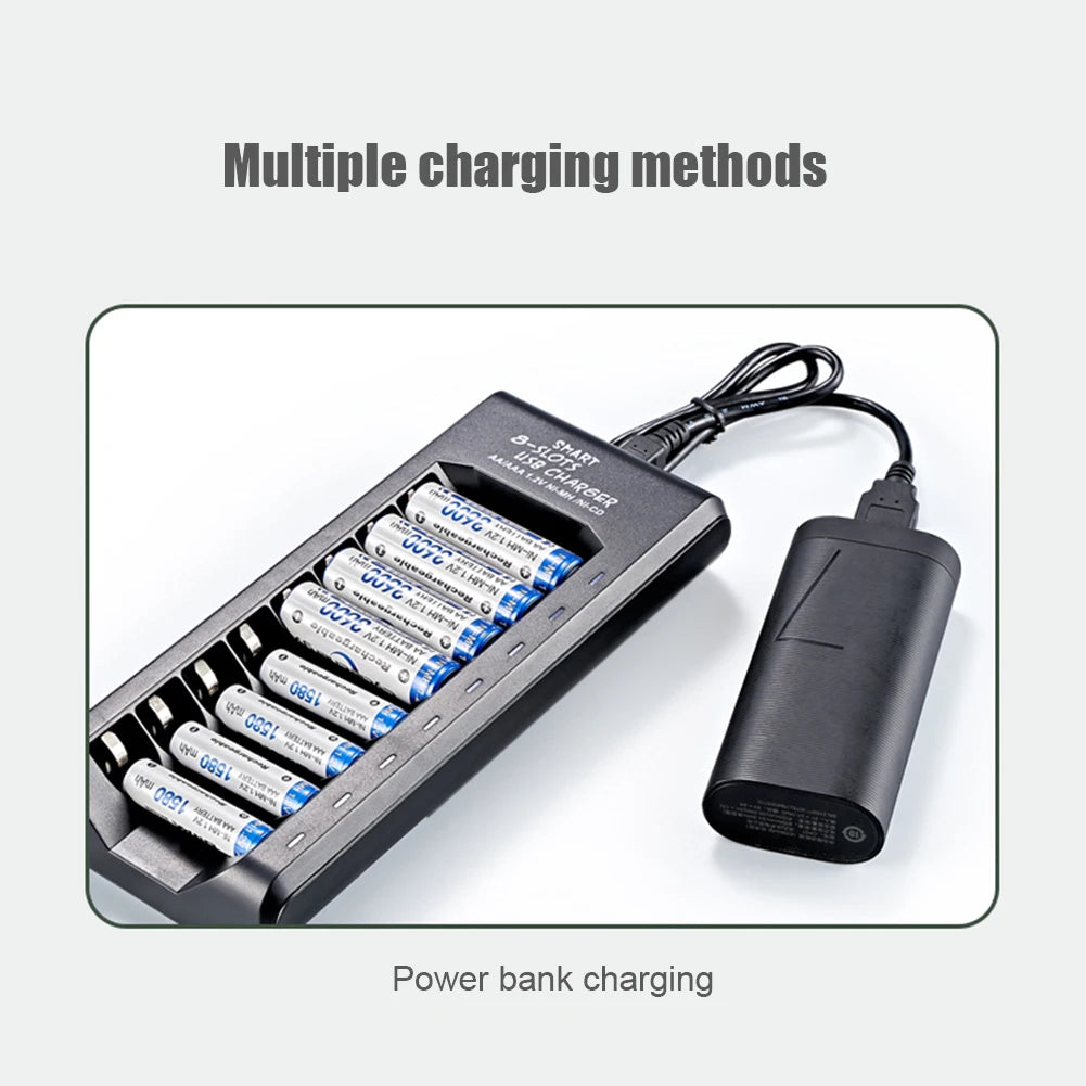 8-Slot USB NiMH AA/AAA Battery Charger – Fast Charging with Short Circuit Protection & USB Output