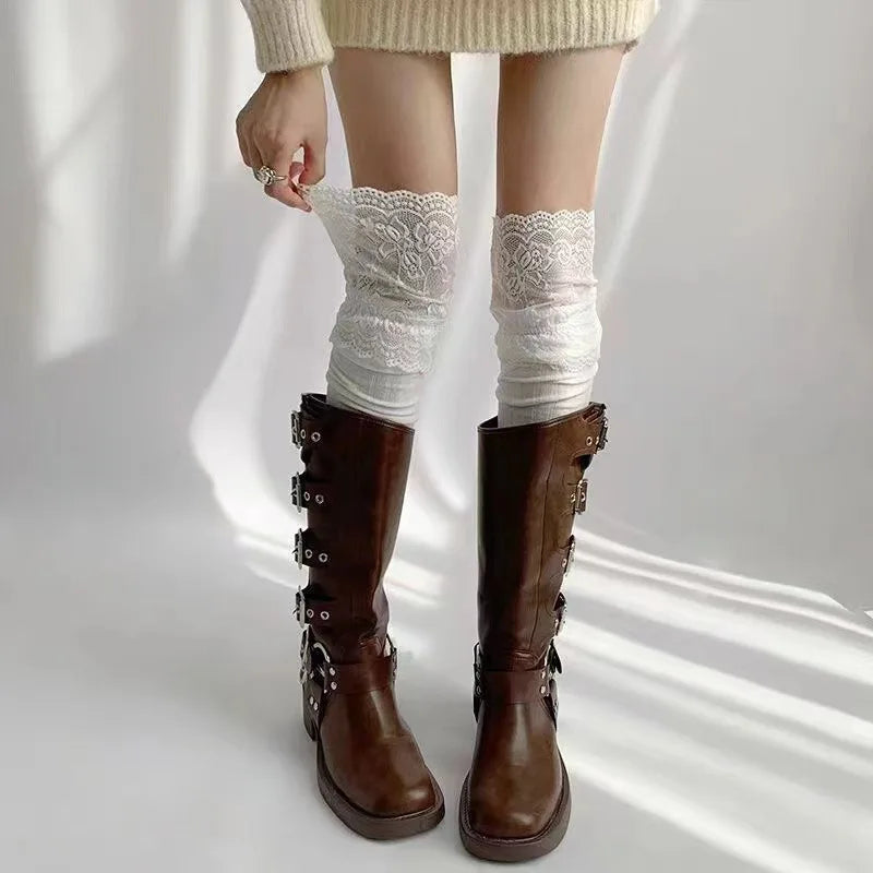 Women's Lace Thigh-High Stockings – Thick Cotton Blend