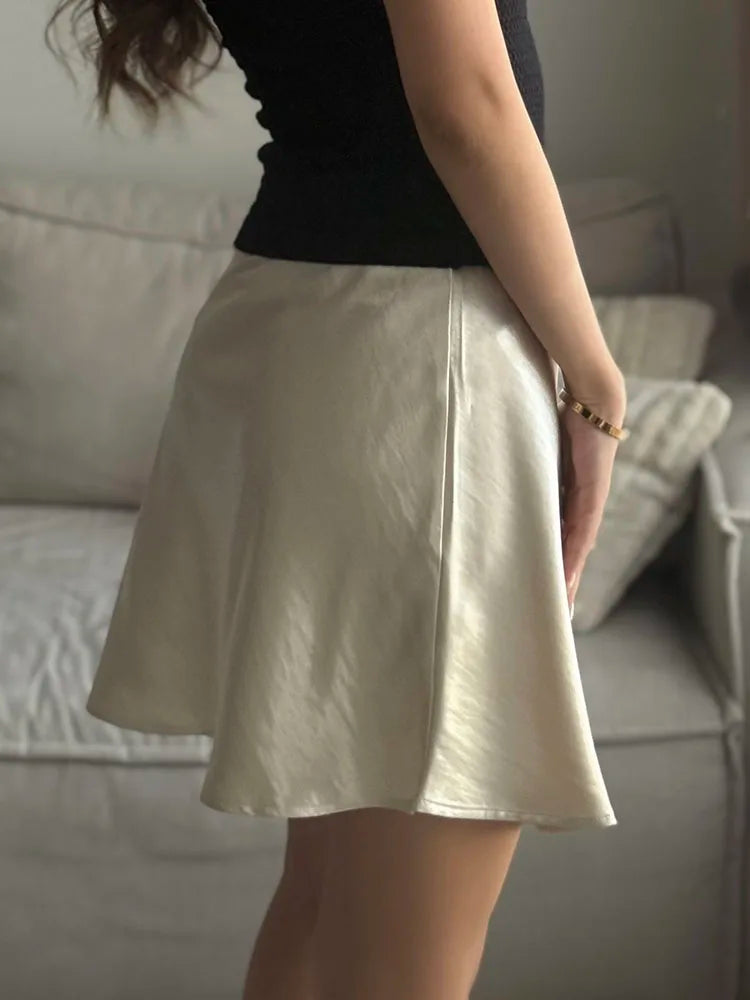 Women's Satin Mini Skirt – High Waist A-Line Luxury Office Wear in Black, Brown & Beige