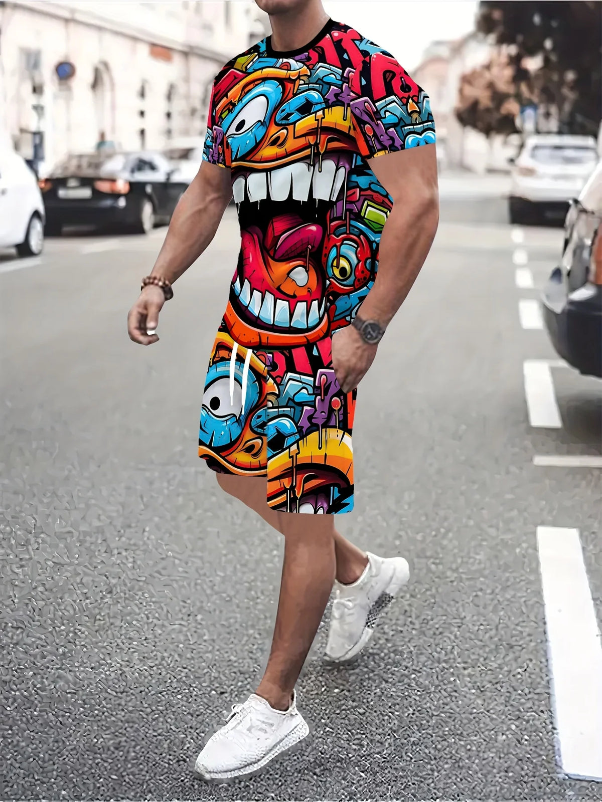 Men's Graffiti Doll Print Crew Neck Short Sleeve & Shorts Loose 2-Piece Set – Trendy Sport