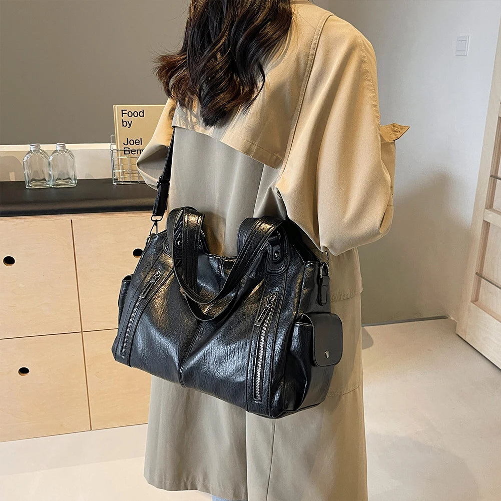 PU Leather Tote Bag with Zipper for Women — Multi-Pocket Shoulder Bag, Retro Crossbody Handbag