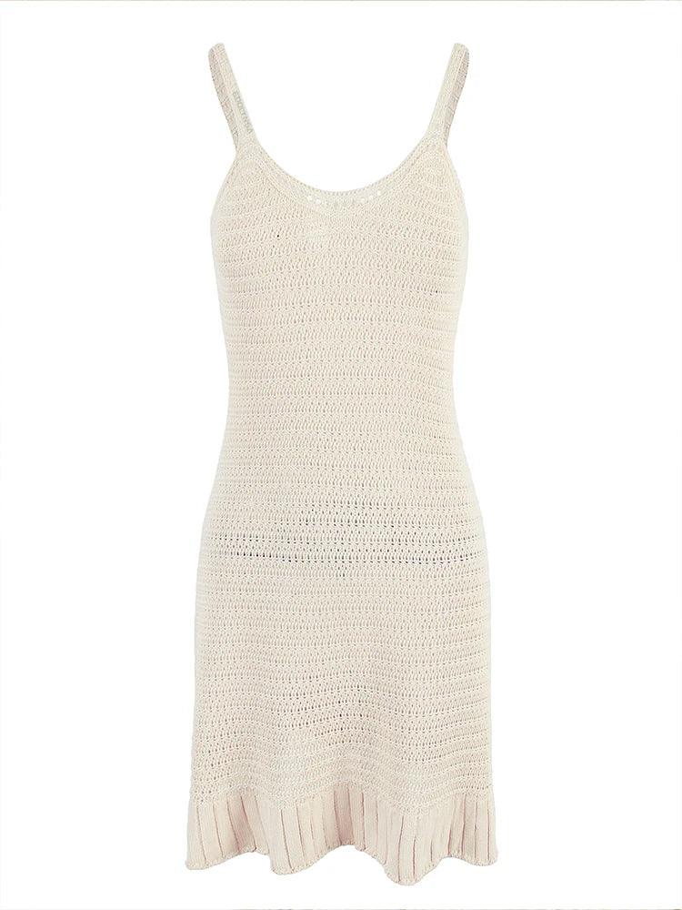 Crochet Halter V-Neck Beach Mini Dress — Ruffle Knit Swimsuit Cover-Up