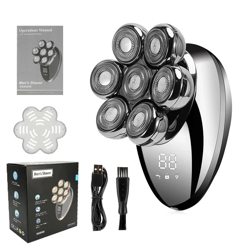 7D Floating Head Electric Shaver for Men – Wet/Dry Rotary Razor with LCD Display & Bald Head Trimmer