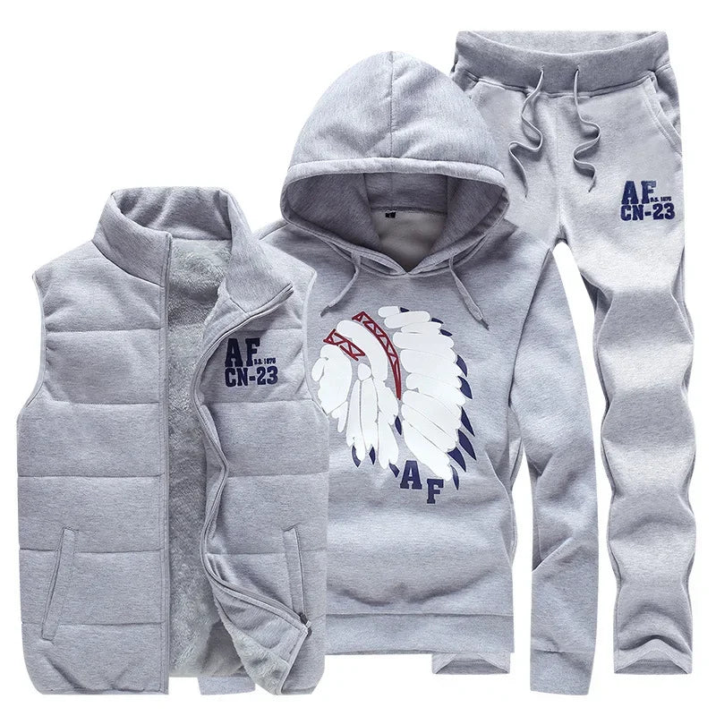 Men's 3-Piece Winter Tracksuit – Hoodie, Vest & Pants Thick Warm Set