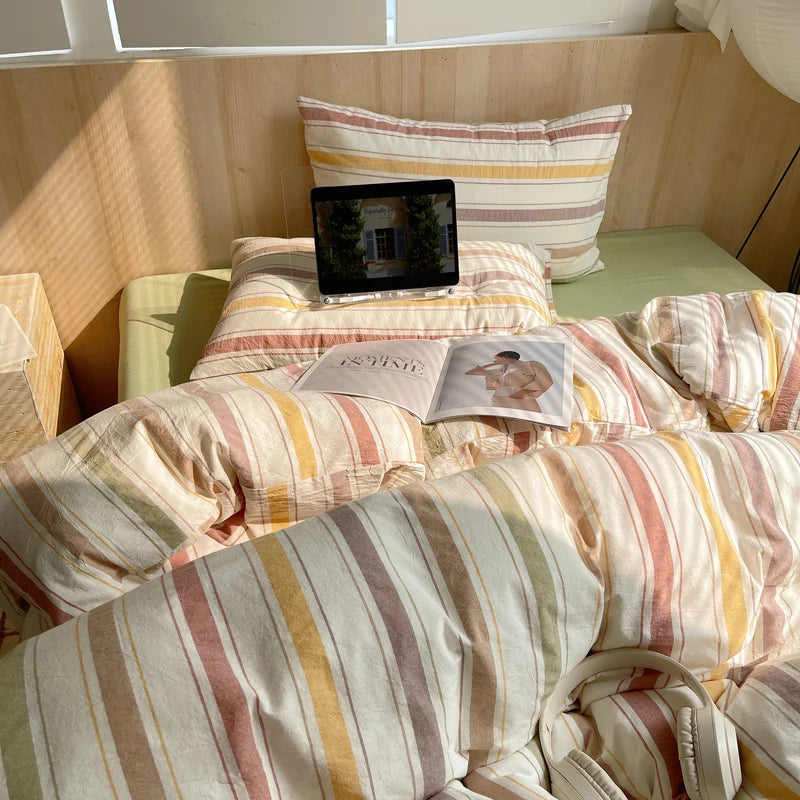 100% Cotton Stripe Bedding Set – Duvet Cover with Pillowcases, Twin to King