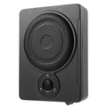 A black rectangular speaker with a large circular front grille and a smaller circular tweeter below, shown on a plain white background.
