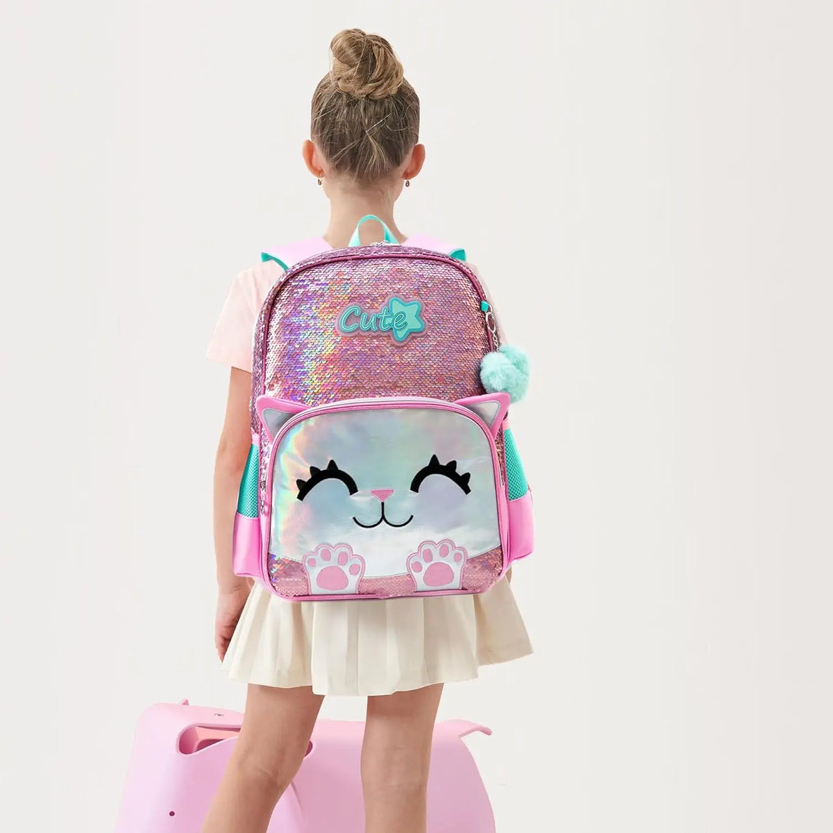Pink Cat Backpack Set – Sequin School Bag, 3 Pieces