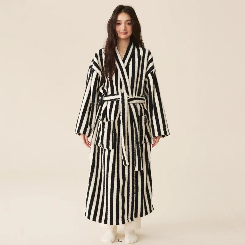 Women's Coral Velvet Striped Fleece Robe | Thick Plush Dressing Gown Loungewear