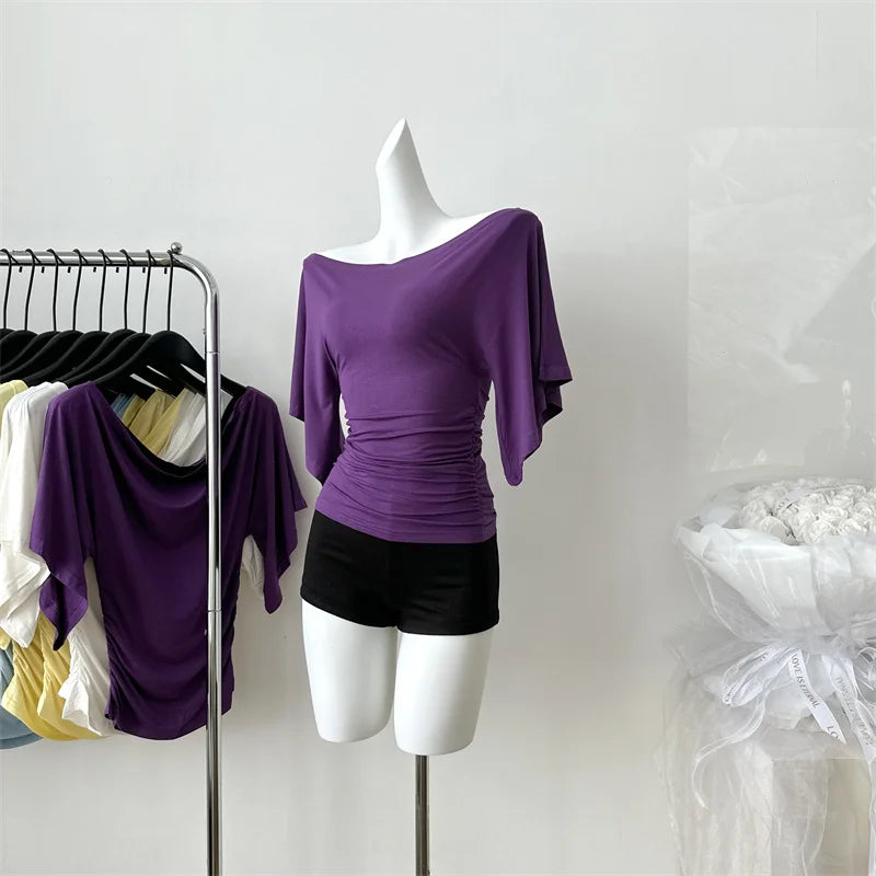 Women's Slash Neck Flare Sleeve Slim Pleated T-Shirt – Sexy Solid Color Pullover Top