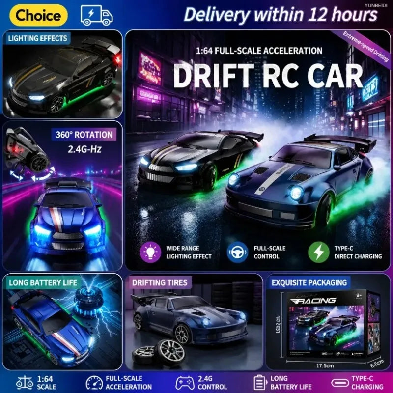 1/64 Scale Mini 4WD RC Drift Racing Car – Type-C Rechargeable Desktop Racer