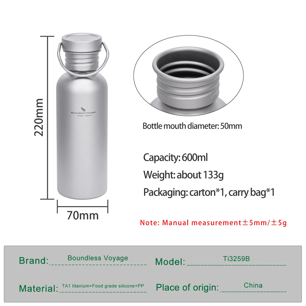 Boundless Voyage TA1 Pure Titanium Wide-Mouth Water Bottle – Ultralight Sport Bottle for Camping, Hiking & Travel