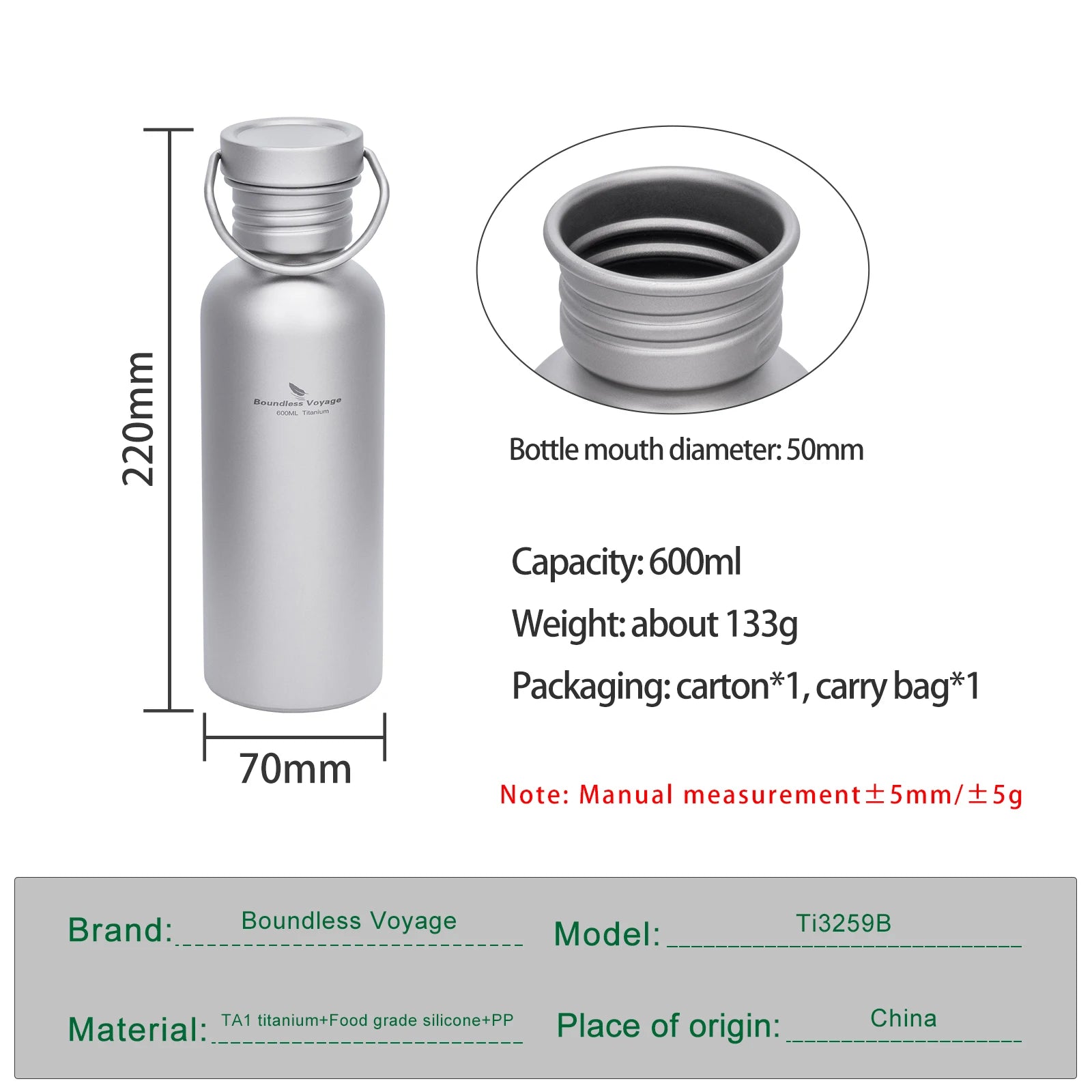 Boundless Voyage TA1 Pure Titanium Wide-Mouth Water Bottle – Ultralight Sport Bottle for Camping, Hiking & Travel