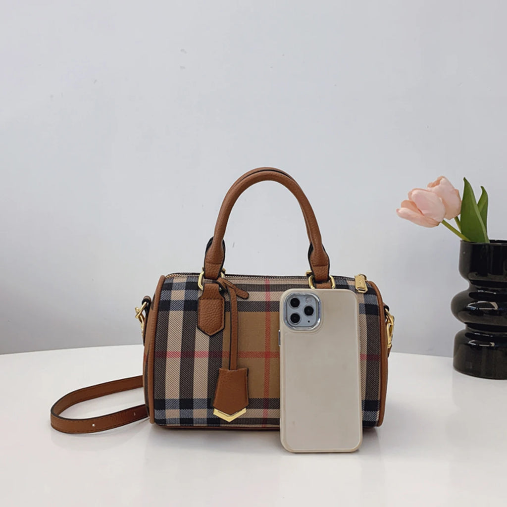 Large Capacity Stripe Plaid Shoulder Bag – PU Crossbody Tote with Adjustable Strap & Zip Closure
