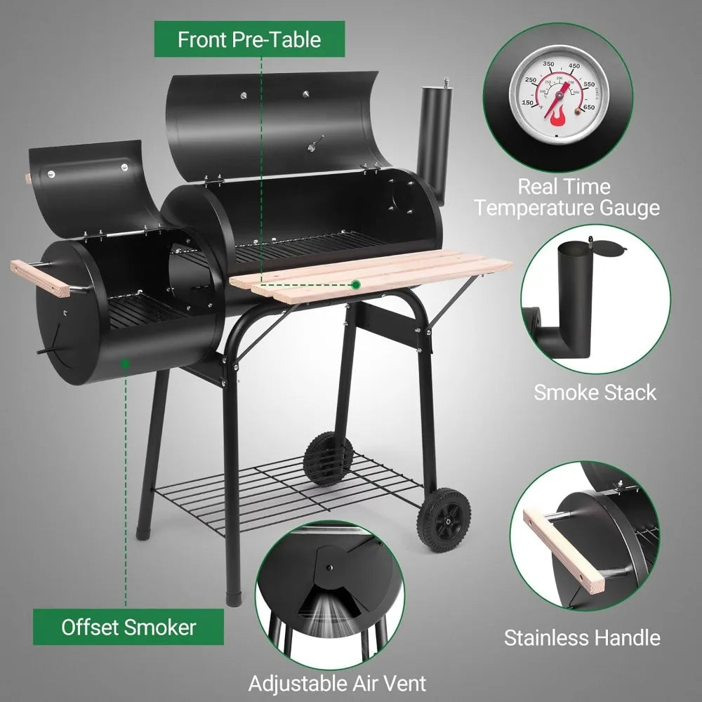 Portable Outdoor Barbecue Grill with Offset Smoker | Alloy Steel, Lid Thermometer, Wooden Handle, Wheels & Storage Tray, Patio, Picnics & Camping