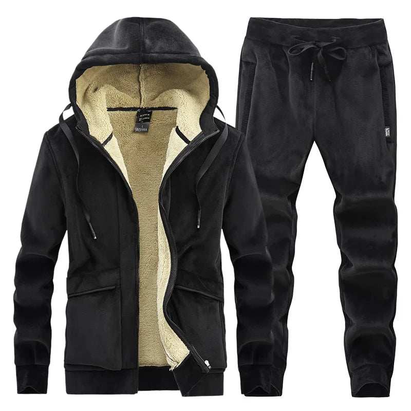 Men's Fleece Hooded Warm Tracksuit – Thick Winter Hoodie & Sweatpants Set