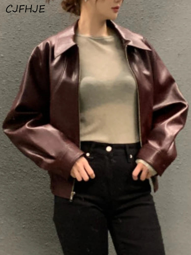 Women's Cropped Faux Leather Jacket – Lapel Zip Front