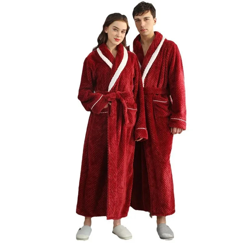Thicken Flannel Couple Robe with Pockets | Long Winter Bathrobe Gown for Men & Women