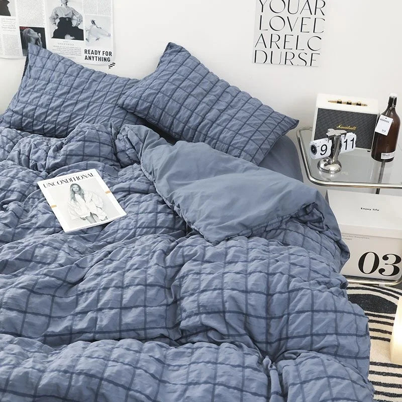Girls Blue Seersucker Ruffle Bedding Set – Kawaii Soft Duvet Cover with Pillow Cases