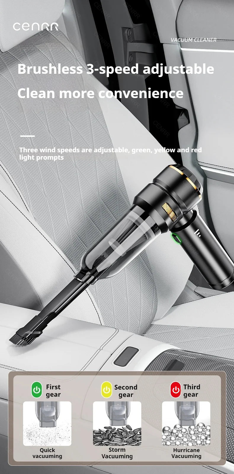 CENRR Wireless Car Vacuum Cleaner — 3-Gear Brushless Motor, 6000mAh, 9 Accessories, USB-C Charging