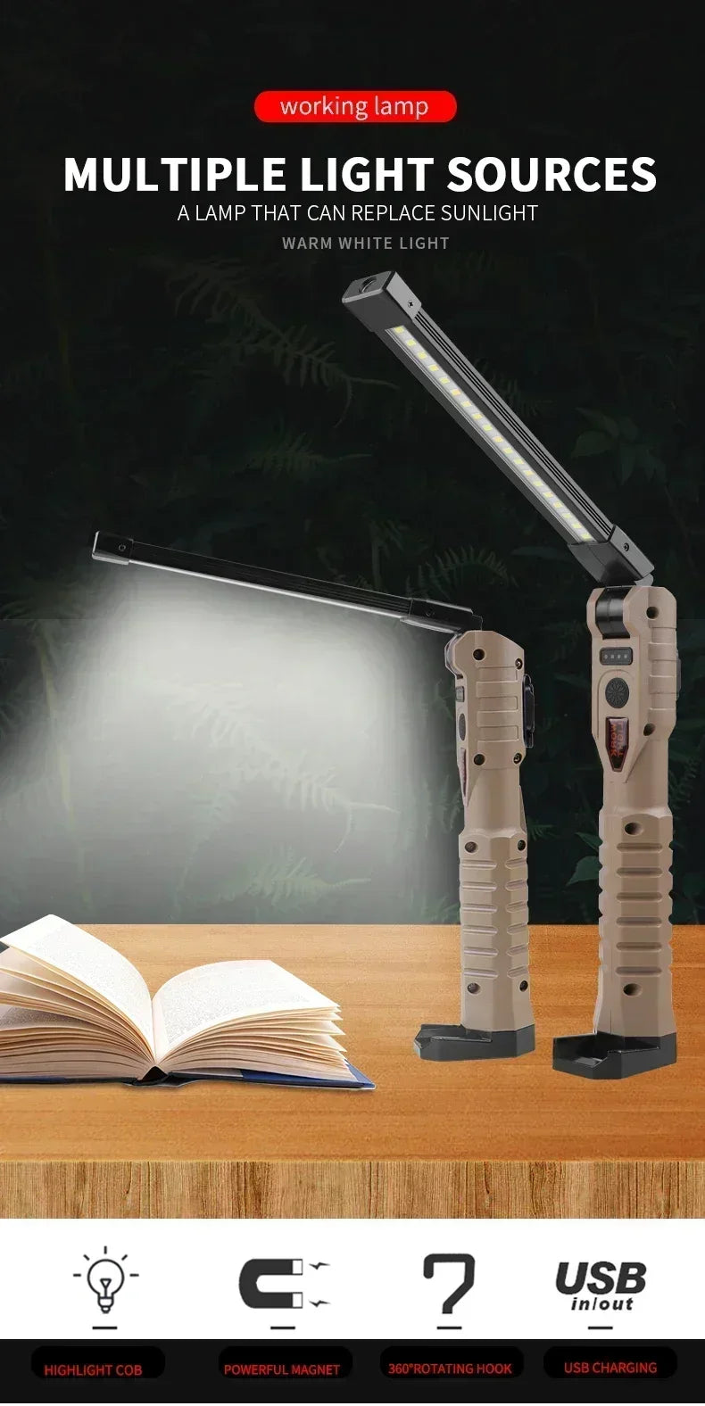 Folding COB+XPE LED Work Light – USB Rechargeable, 180° Foldable, Magnetic Base, Hook, Red SOS, Car Repair