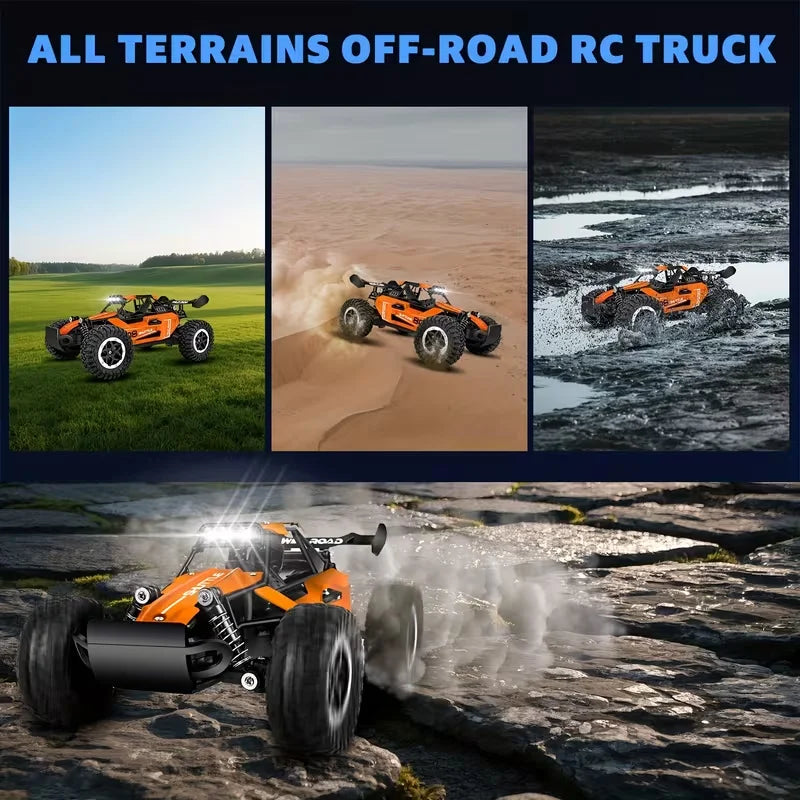 Orange off-road RC truck in various terrains with text 'All Terrains Off-Road RC Truck'.