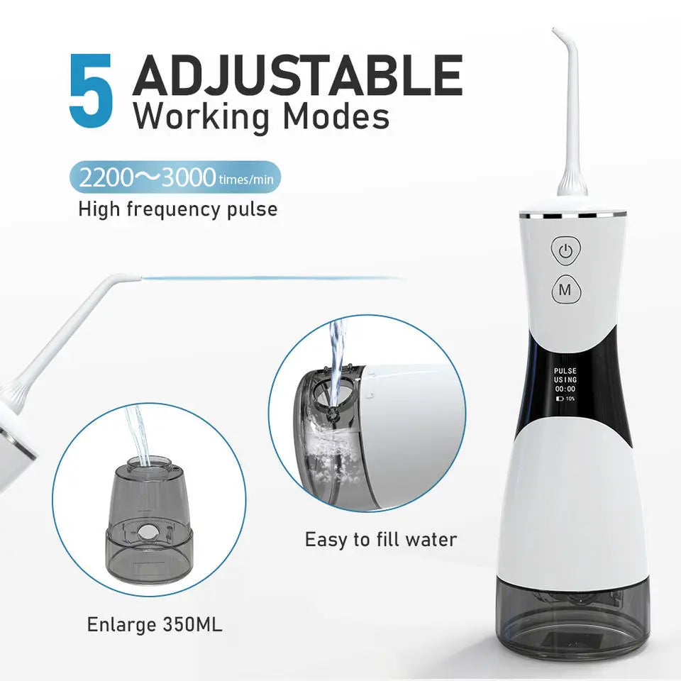Portable Oral Irrigator – 350ml Tank, 5 Pressure Modes, IPX7, 1800mAh, 5 Nozzles, USB Rechargeable