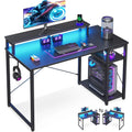 40 Inch Small Gaming Desk with LED Lights & Storage Shelf — Reversible Gamer Desk with Monitor Stand