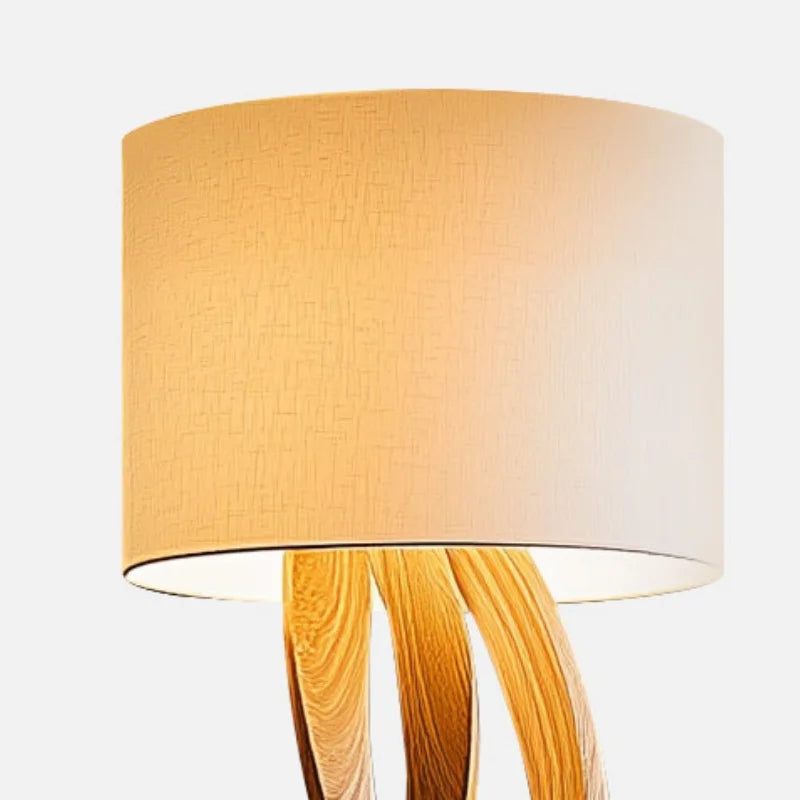 Wood Floor Lamp – Sculpted Base and Fabric Shade