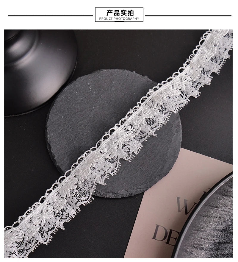 White Lace Ribbon Bow Trim — Embroidered Edge for Dresses, Bridal & DIY Crafts