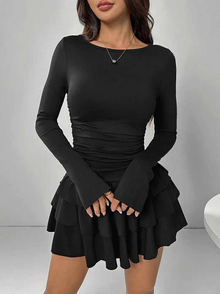 Cascading Ruffle Flare Sleeve Mini Dress — High Waist Slim Bodycon Party Dress