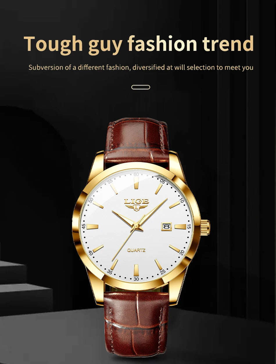 LIGE Men's Brown Leather Chronograph Watch | Military Sport Casual Waterproof Quartz Wristwatch