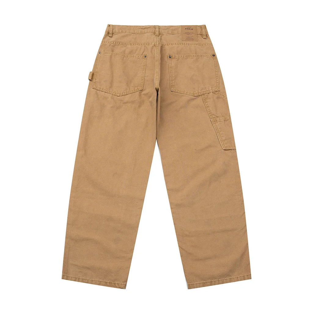 Men's Loose Straight Leg Work Pants – Khaki Cotton Carpenter Trousers