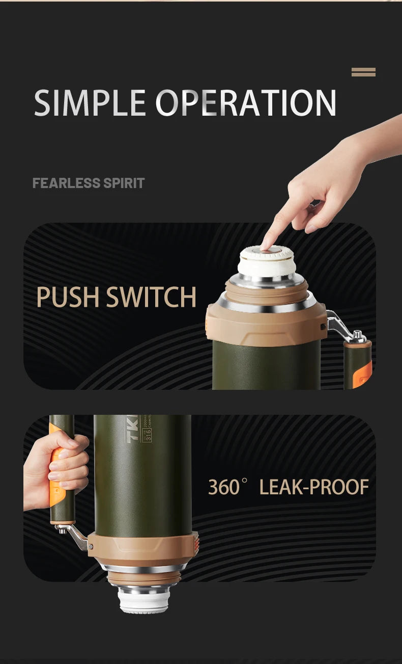 TKK 2000ml 316 SS Vacuum Thermos Flask with Rope – BPA-Free, Hot & Cold, Ergonomic Spout, 68oz Large Capacity