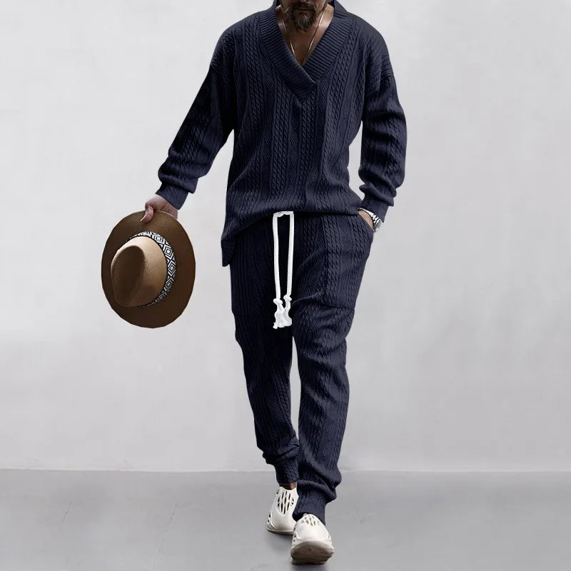 Men's Jacquard Knit Sweater & Casual Trousers Two-Piece Set