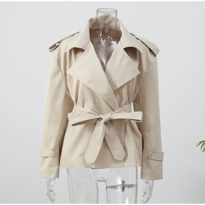 Women's Lace-Up Cropped Trench Coat – Wide Shoulder Windbreaker Jacket