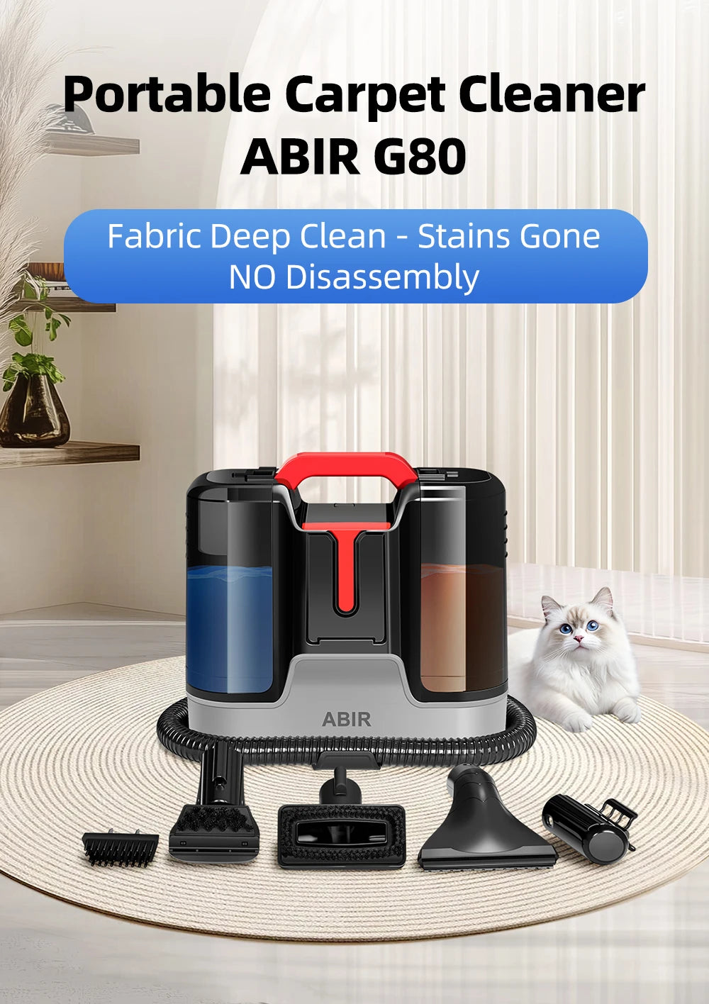 ABIR G80 Handheld Carpet Cleaner — 150000Pa Wet & Dry Vacuum for Home, Sofa, Window, Car, Pet & Upholstery Spot Cleaning