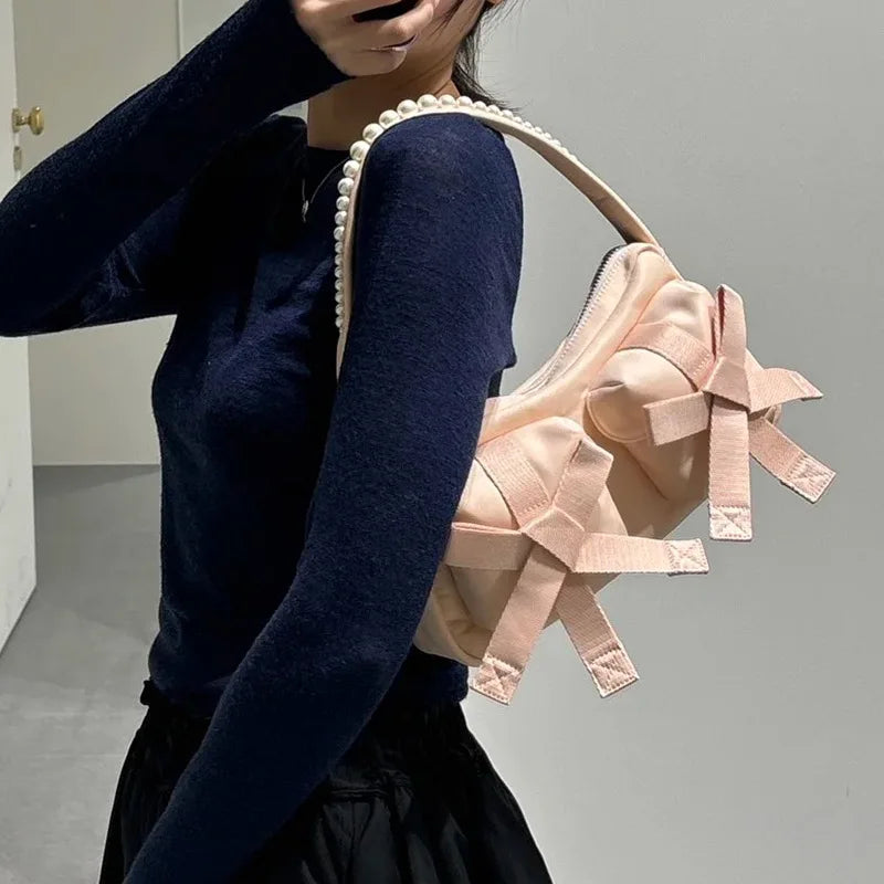 New Pearl Bow Bolsos Mujer Underarm Bag Multi-function Square Sac Femme Shoulder Bags for Women Casual All-match Zipper Bolsas