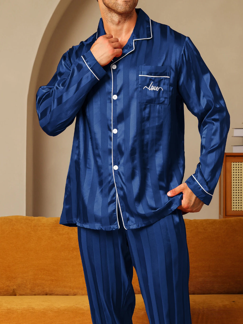 Men's Satin Silk Long Sleeve Pajamas Set | Minimalist Letter Embroidered Sleepwear
