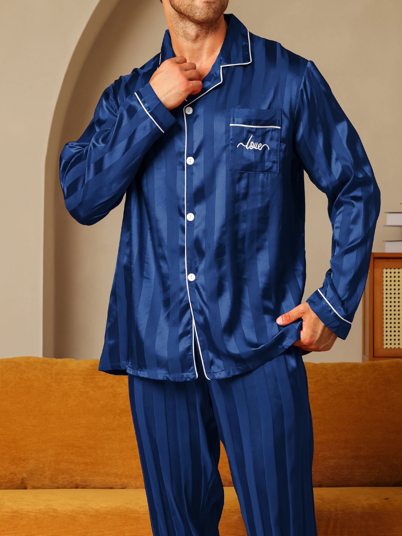 Men's Satin Silk Long Sleeve Pajamas Set | Minimalist Letter Embroidered Sleepwear