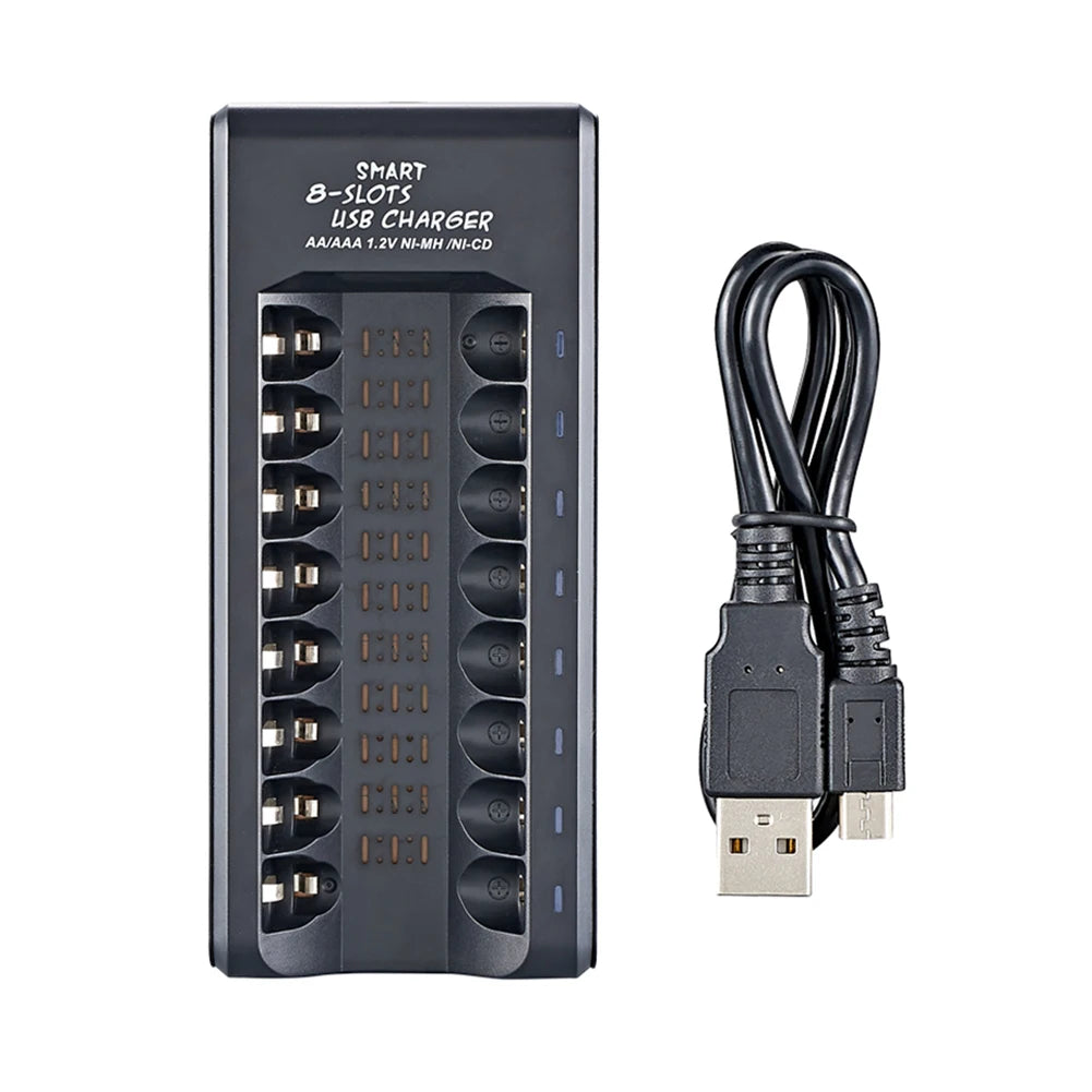 8-Slot USB NiMH AA/AAA Battery Charger – Fast Charging with Short Circuit Protection & USB Output