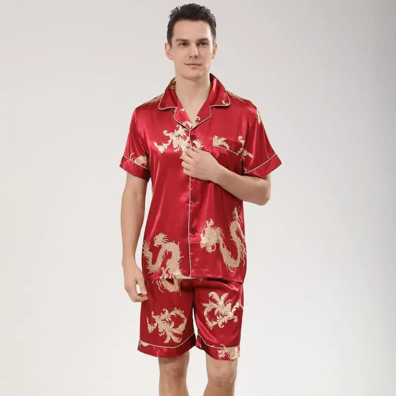 Men's Dragon Print Satin Pajama Set — Lapel Shirt & Shorts