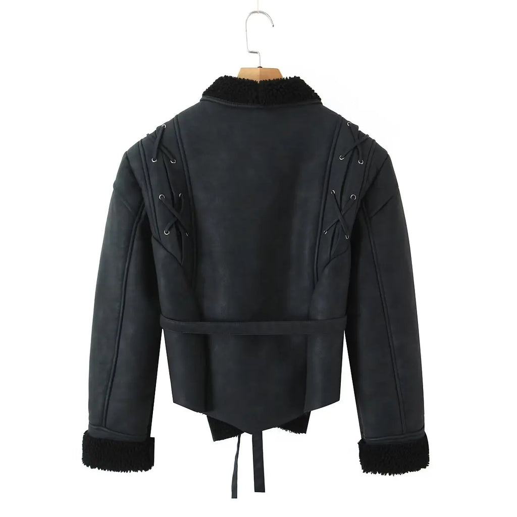Leather Jackets Women's With Belt Fur Coat Streetwear Fashion Solid Outwear Woman Elegant Jackets Chaqueta De Cuero Para Mujer