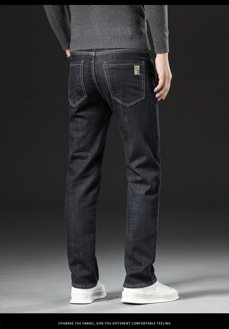 Men's Fleece-Lined Straight Denim Jeans — Warm Thick Winter Stretch Jeans