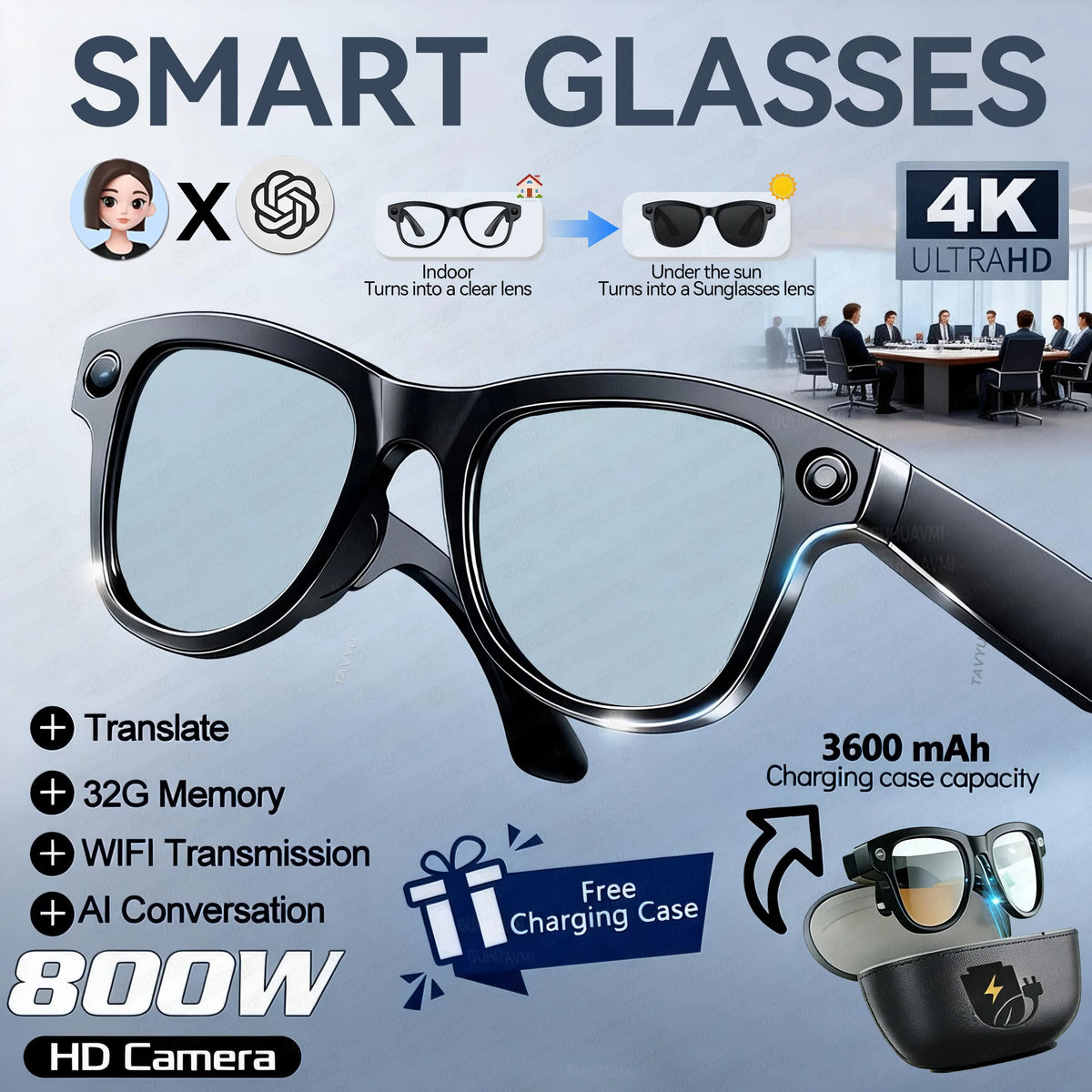 2026 AI Smart Glasses – 4K Camera, 120+ Language Translation, 3600mAh Power Bank, Bluetooth 5.3