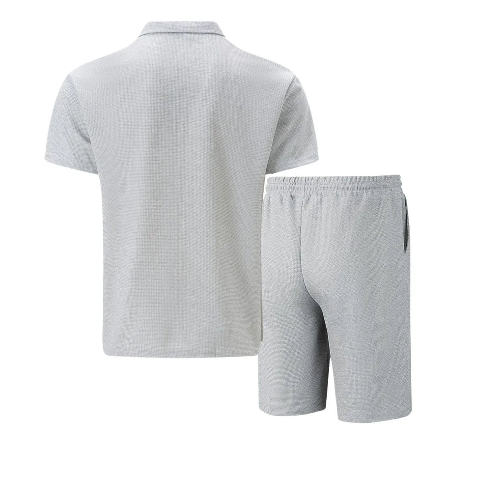 Men's Waffle Solid Color Zip Lapel Short Sleeve & Shorts Set – European Summer 2-Piece Suit
