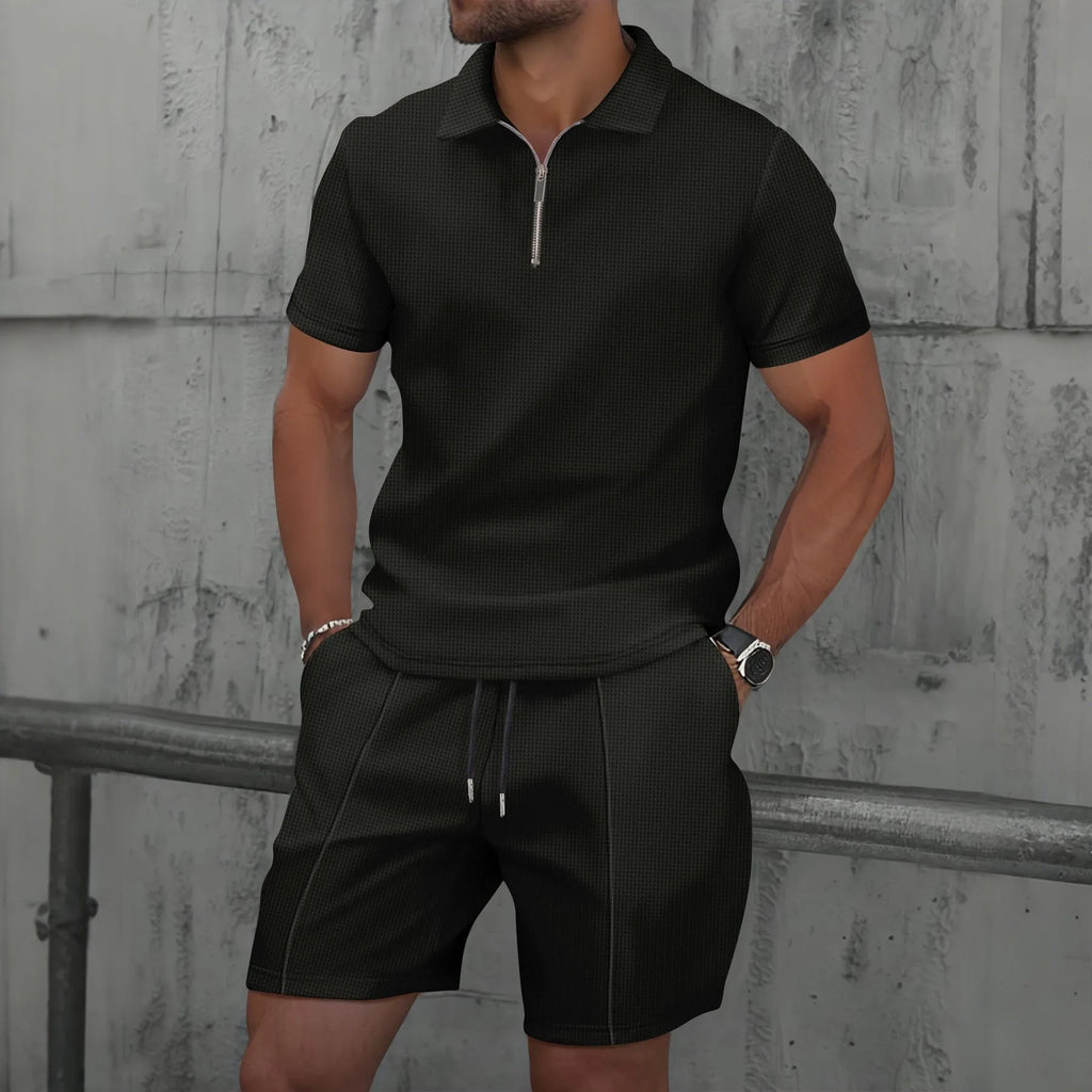 Men's Waffle Solid Color Zip Lapel Short Sleeve & Shorts Set – European Summer 2-Piece Suit